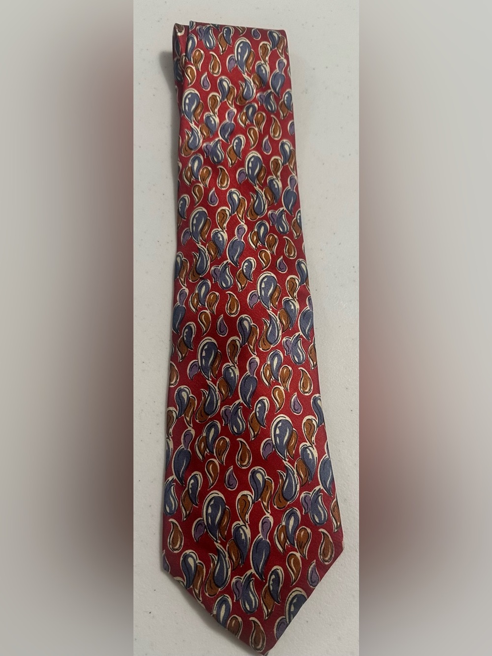 CHRISTIAN DIOE Red Paisley Tie with Blue and Gold Accents